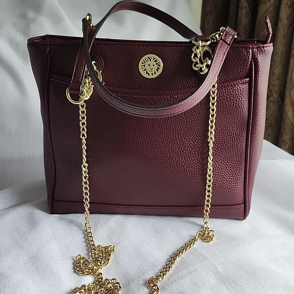 Anne Klein Ex Cond Elegant Burgundy Fax Leather Tote Bag W Gold Chain, $55